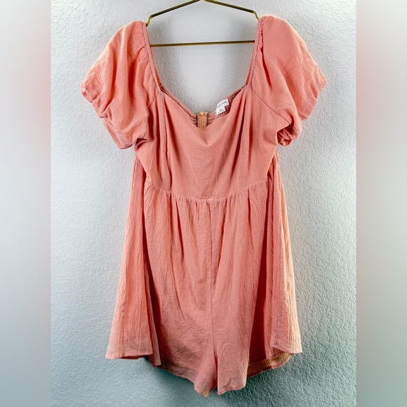 Chicsoul Pants - Chic Soul Peach Puff Sleeve Smocked Back Gauzy Gauze Romper 2X